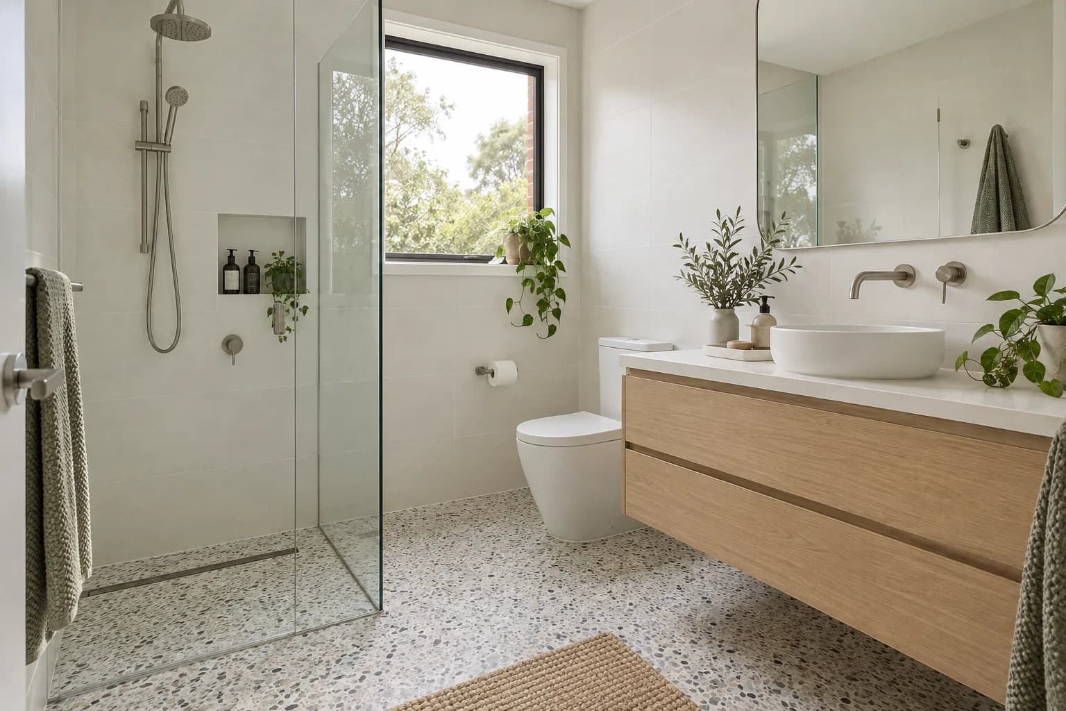 Calm bathroom concept with a practical vanity, walk-in shower and restrained warm tile, generous natural light, no brand logos or portfolio implication